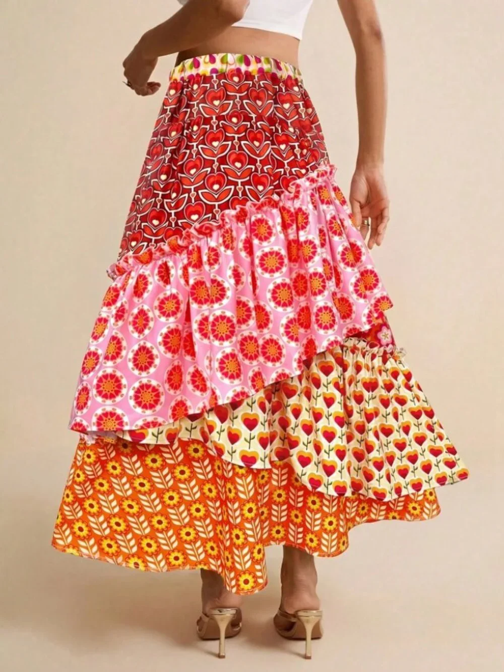 Pink Orange Mixed Floral Print Tiered Ruffle Maxi Skirt